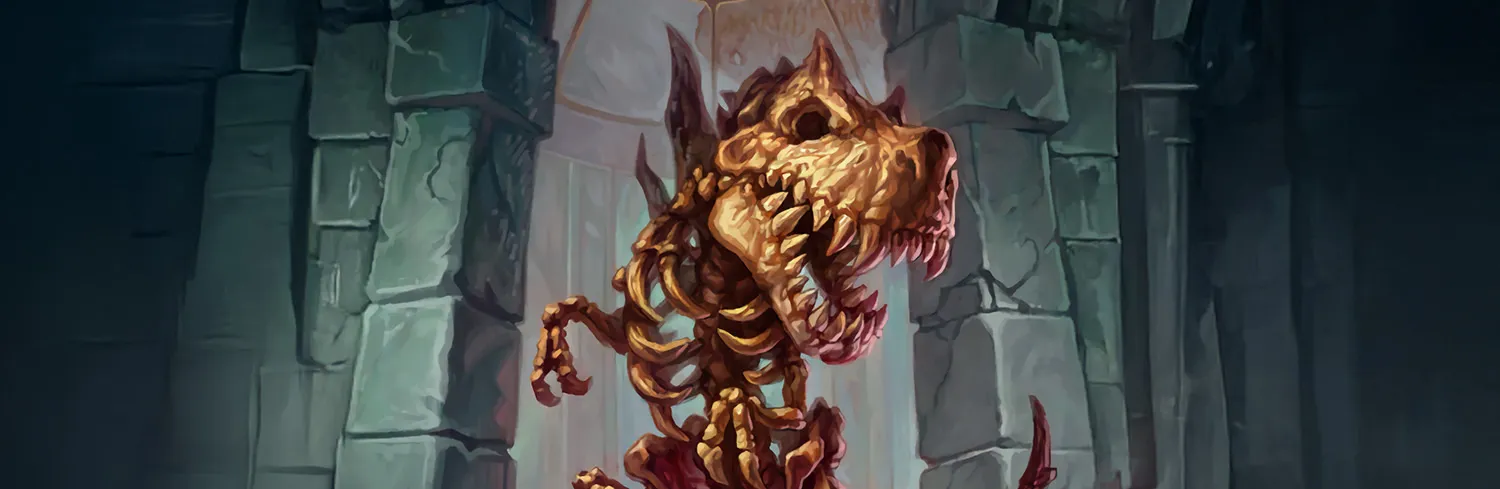 The skeleton of a roaring beast between stone pillars, artwork by Blizzard