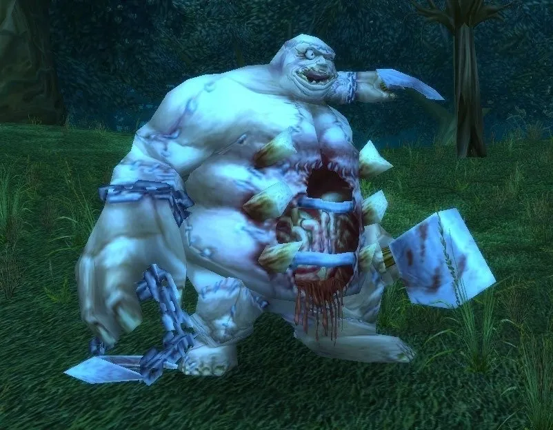 Stitches, eine bleiche Monstrosität mit Hackbeil und Ketten, im Gras von Duskwood, ein Screenshot aus World of Warcraft