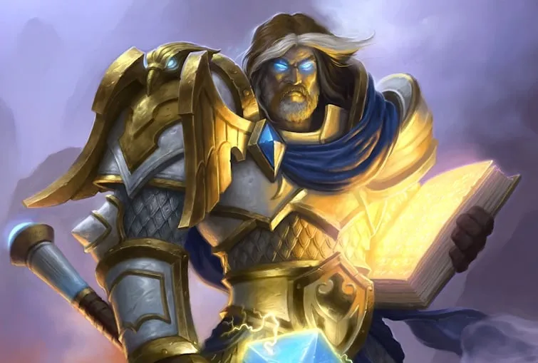 Uther the Lightbringer in golden plate with a blue scarf, holding a glowing book, official World of Warcraft art