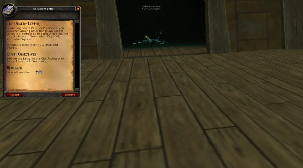 The quest window of An Unsent Letter on the ship, with the body of Edwin VanCleef in the background, a screenshot from World of Warcraft