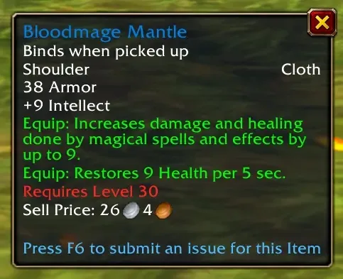 The tooltip of Bloodmage Mantle on the beta of World of Warcraft: Forever