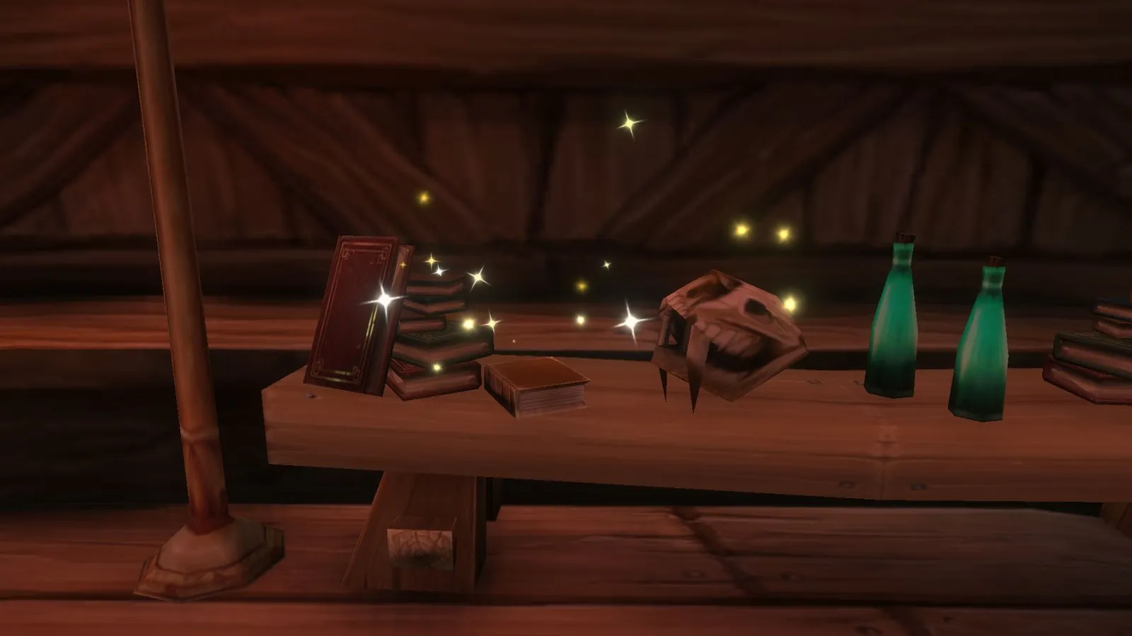 Books and a skull on a wooden shelf in a library, sparkling where a book can be picked up, a screenshot from World of Warcraft