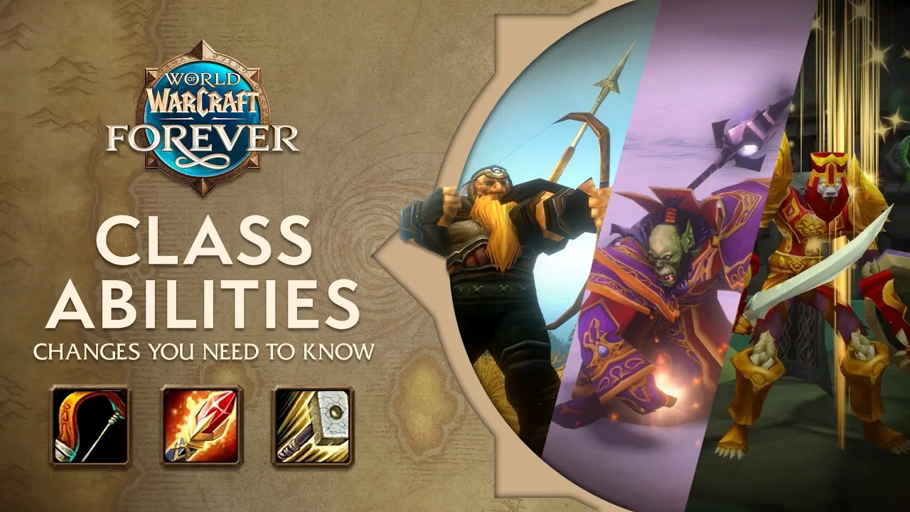 La portada del vídeo Class Highlights: un Dwarf Hunter con un arco, un Orc Mage con túnica morada y un Tauren Paladin con armadura roja y dorada junto al logo de World of Warcraft: Forever