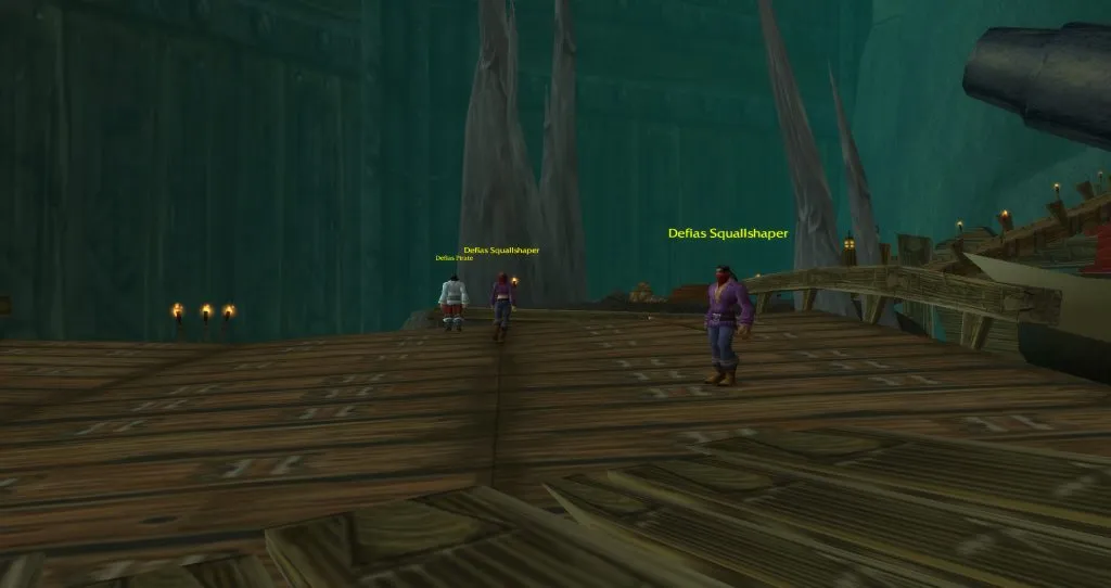 Defias Pirates on the docks of the cove in the Deadmines, a screenshot from World of Warcraft