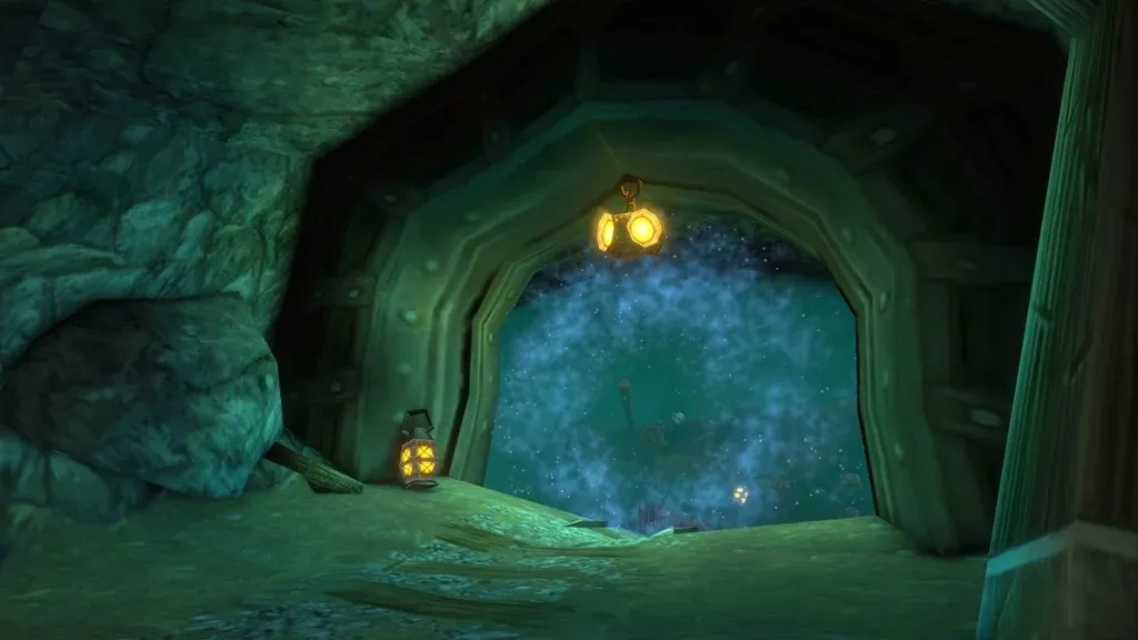 The portal of the Deadmines at the end of a green-lit mine tunnel with two lanterns, a screenshot from the beta of World of Warcraft: Forever