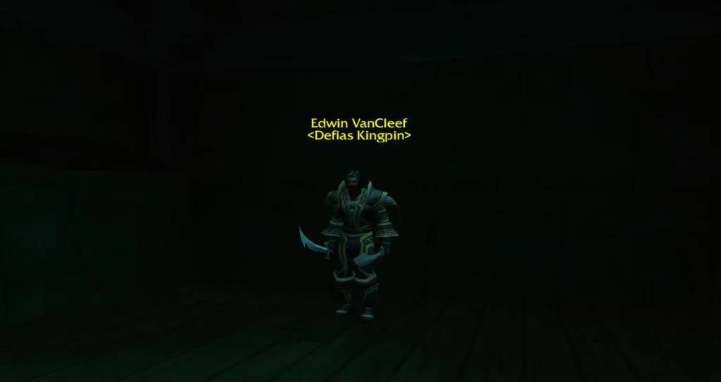Edwin VanCleef on the top deck of his ship in the Deadmines, a screenshot from World of Warcraft