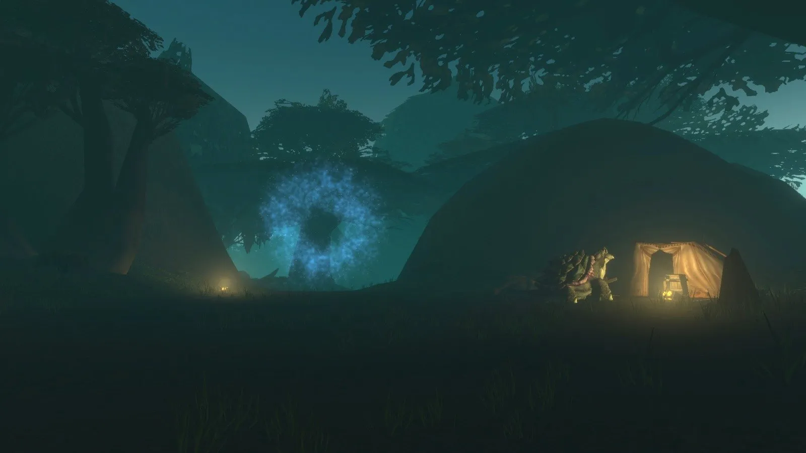 The portal of the Excavation Site at night, a blue swirl in the hills of the Wetlands, a screenshot from the beta of World of Warcraft: Forever