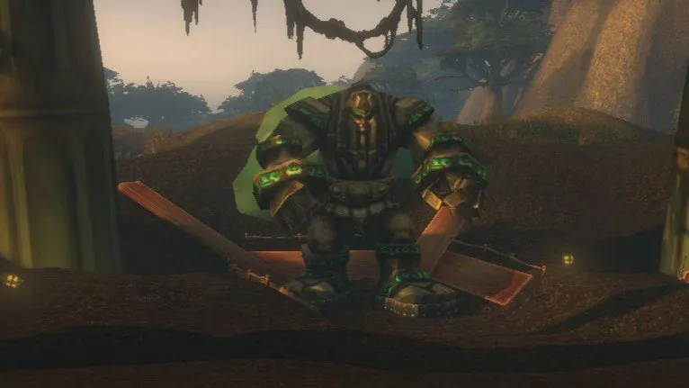 Relic Guardian, an inactive titan construct on a wooden platform, a screenshot from the beta of World of Warcraft: Forever