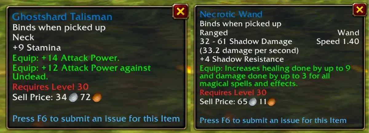 The tooltips of Ghostshard Talisman and Necrotic Wand on the beta of World of Warcraft: Forever