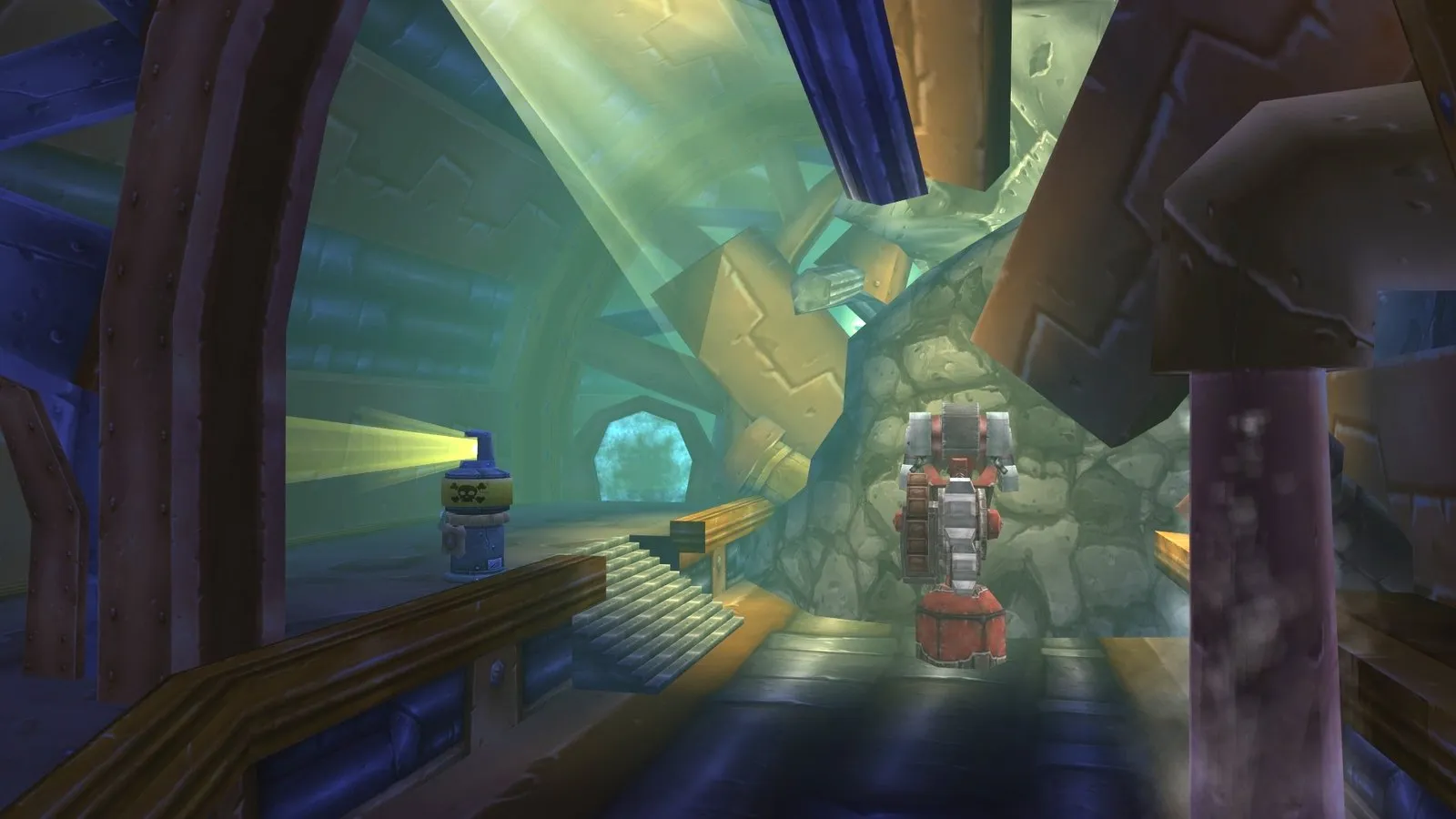 The front entrance of Gnomeregan in the Train Depot, a tunnel with a train track and a gnome robot, a screenshot from World of Warcraft