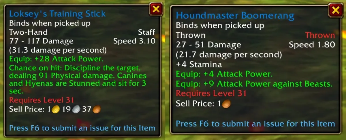 The tooltips of Loksey’s Training Stick and Houndmaster Boomerang on the beta of World of Warcraft: Forever