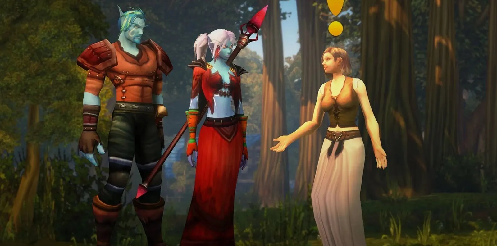 Two players in red gear listen to a quest giver with a yellow exclamation mark in a sunny forest, a screenshot from World of Warcraft