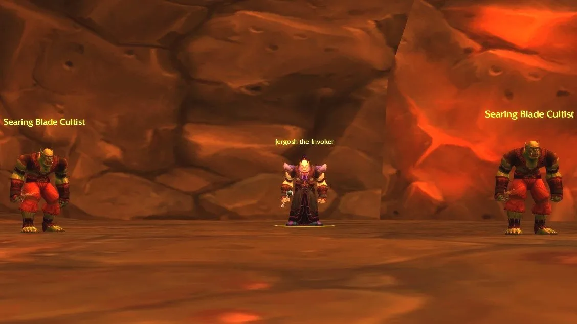 Jergosh the Invoker between two Searing Blade Cultists in the last room of Ragefire Chasm, a screenshot from World of Warcraft
