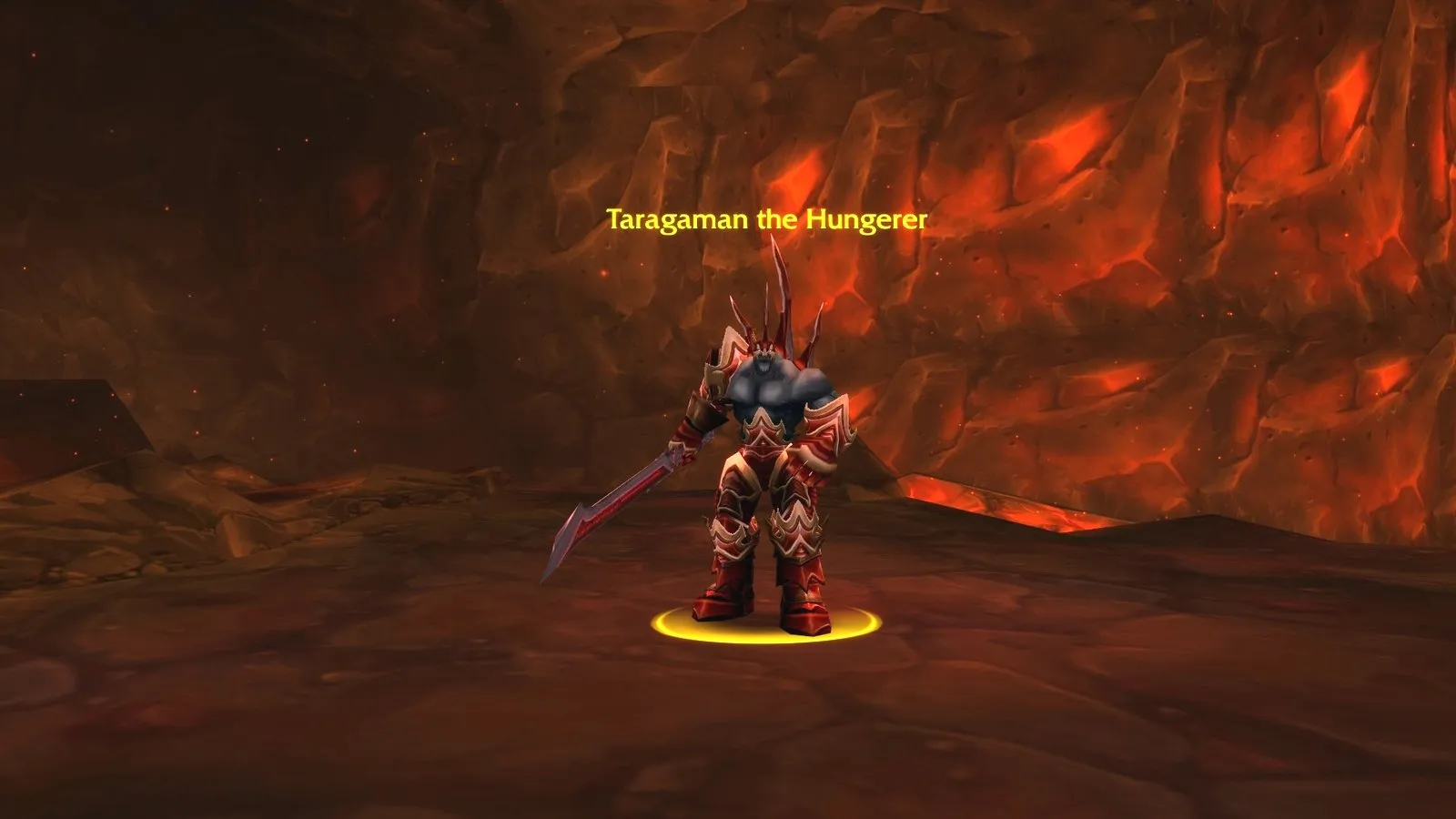 Taragaman the Hungerer on a platform surrounded by lava in Ragefire Chasm, a screenshot from World of Warcraft