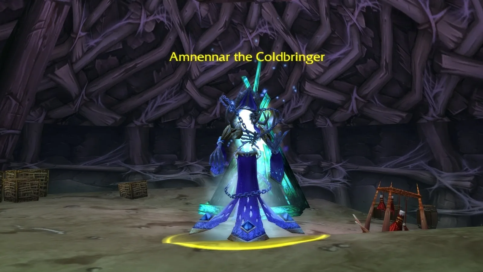 Amnennar the Coldbringer in front of a wall of thorns in Razorfen Downs, a screenshot from World of Warcraft