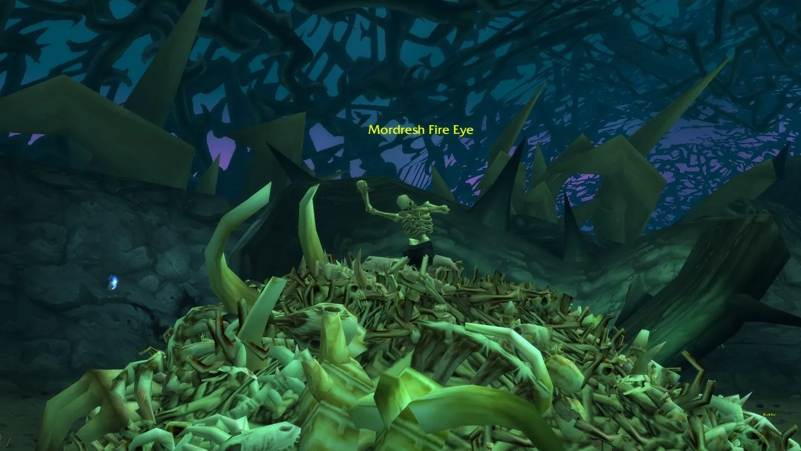 Mordresh Fire Eye on a pile of bones in Razorfen Downs, a screenshot from World of Warcraft