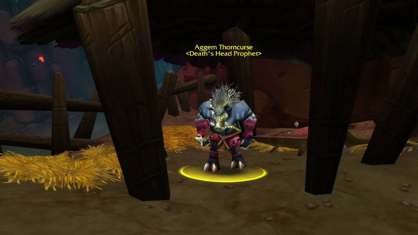 Aggem Thorncurse under wooden beams in Razorfen Kraul, a screenshot from World of Warcraft