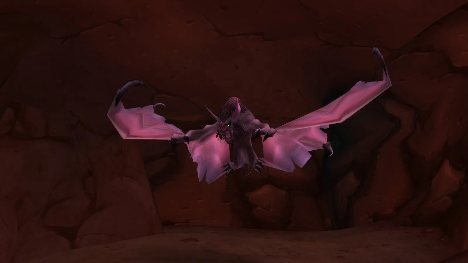 Blind Hunter, a pink bat, in the bat cave of Razorfen Kraul, a screenshot from World of Warcraft