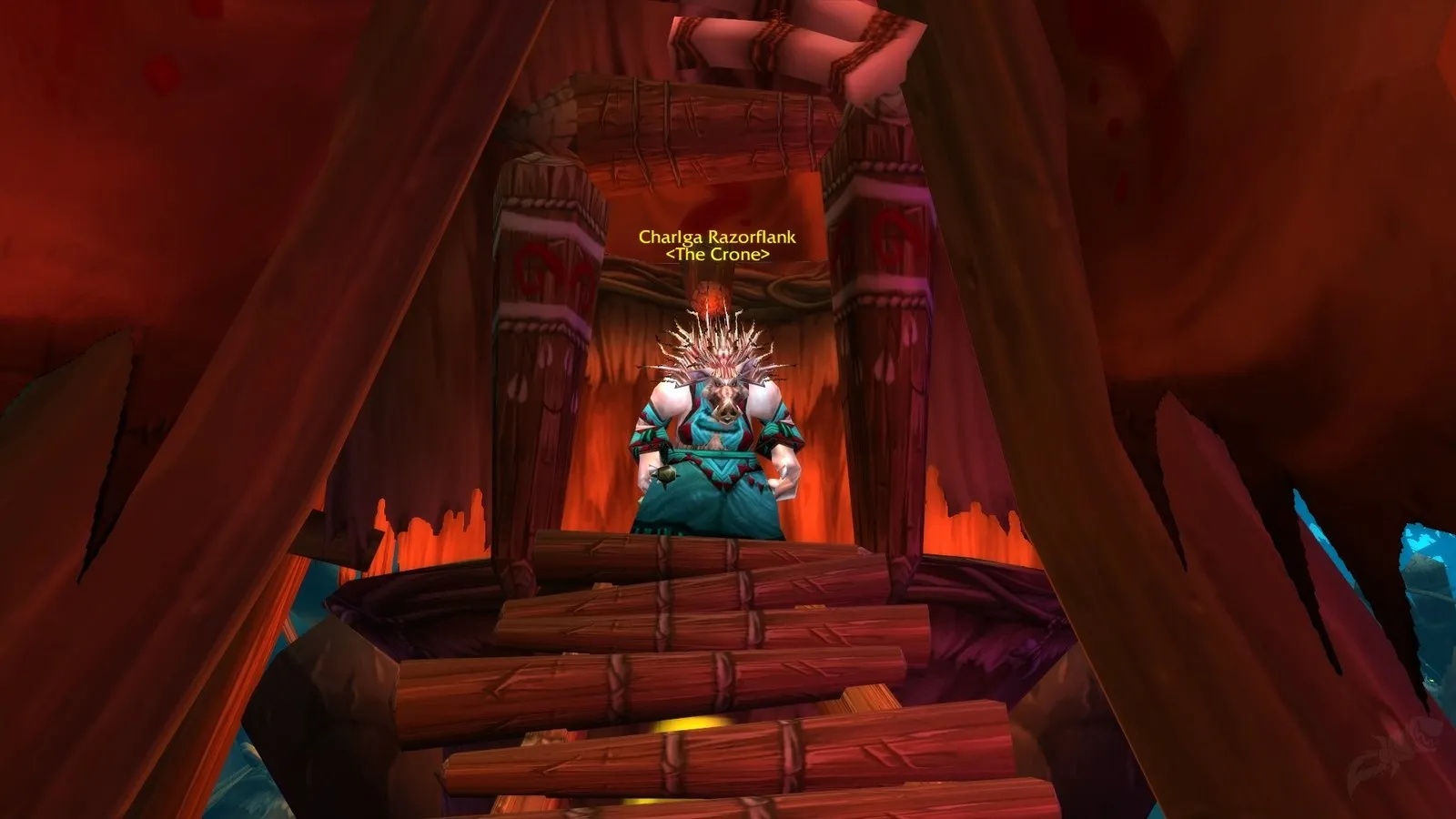 Charlga Razorflank on her throne in a hut in Razorfen Kraul, a screenshot from World of Warcraft