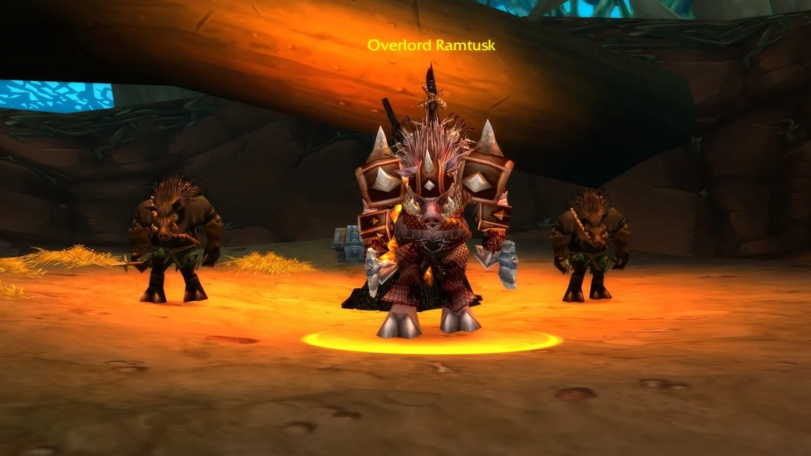 Overlord Ramtusk between two Razorfen Spearhides in Razorfen Kraul, a screenshot from World of Warcraft