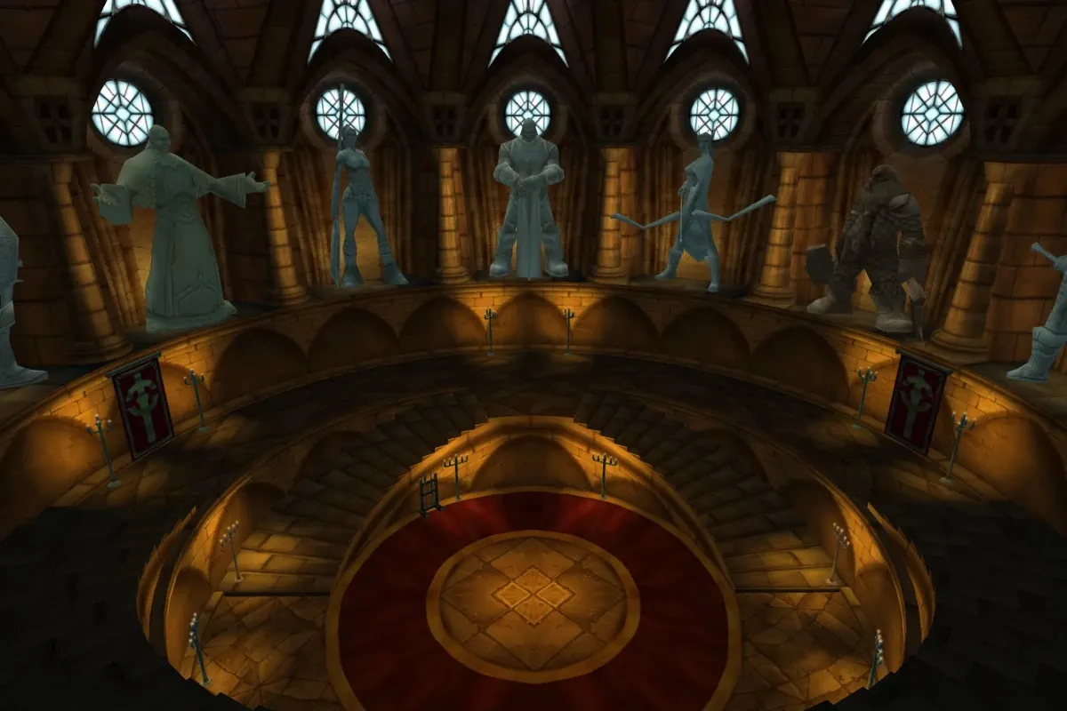 The armory of the Scarlet Monastery, a round hall with statues and a red floor, a screenshot from World of Warcraft