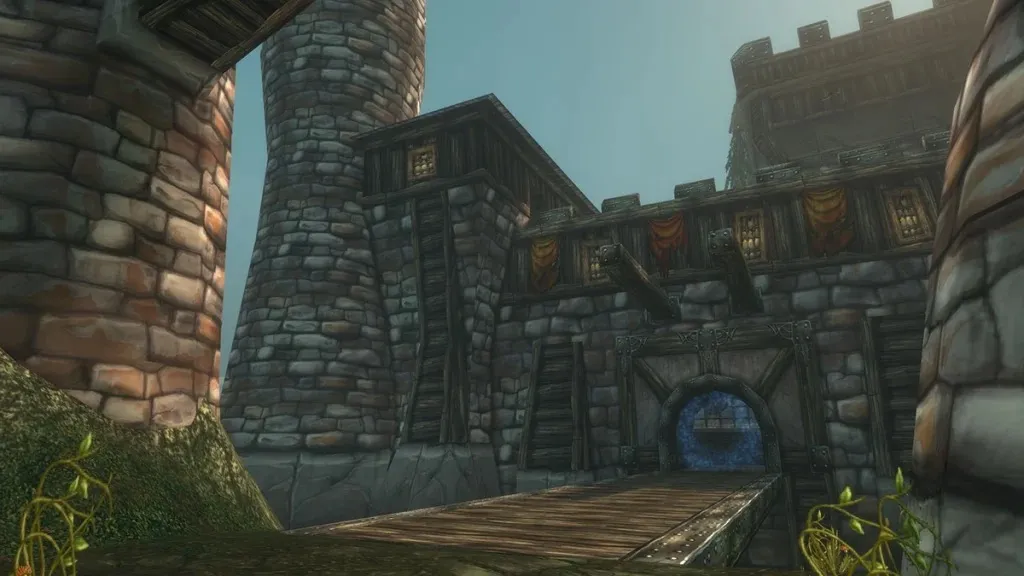 The gate of Shadowfang Keep with a wooden bridge leading to the blue portal between stone towers, a screenshot from the beta of World of Warcraft: Forever
