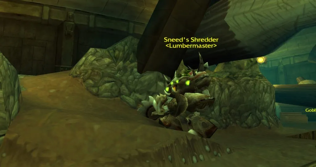 Sneed’s Shredder in the lumber camp of the Deadmines, a screenshot from World of Warcraft