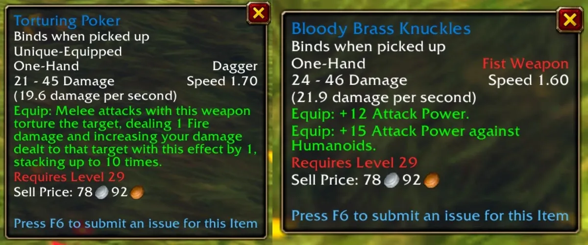 The tooltips of Torturing Poker and Bloody Brass Knuckles on the beta of World of Warcraft: Forever