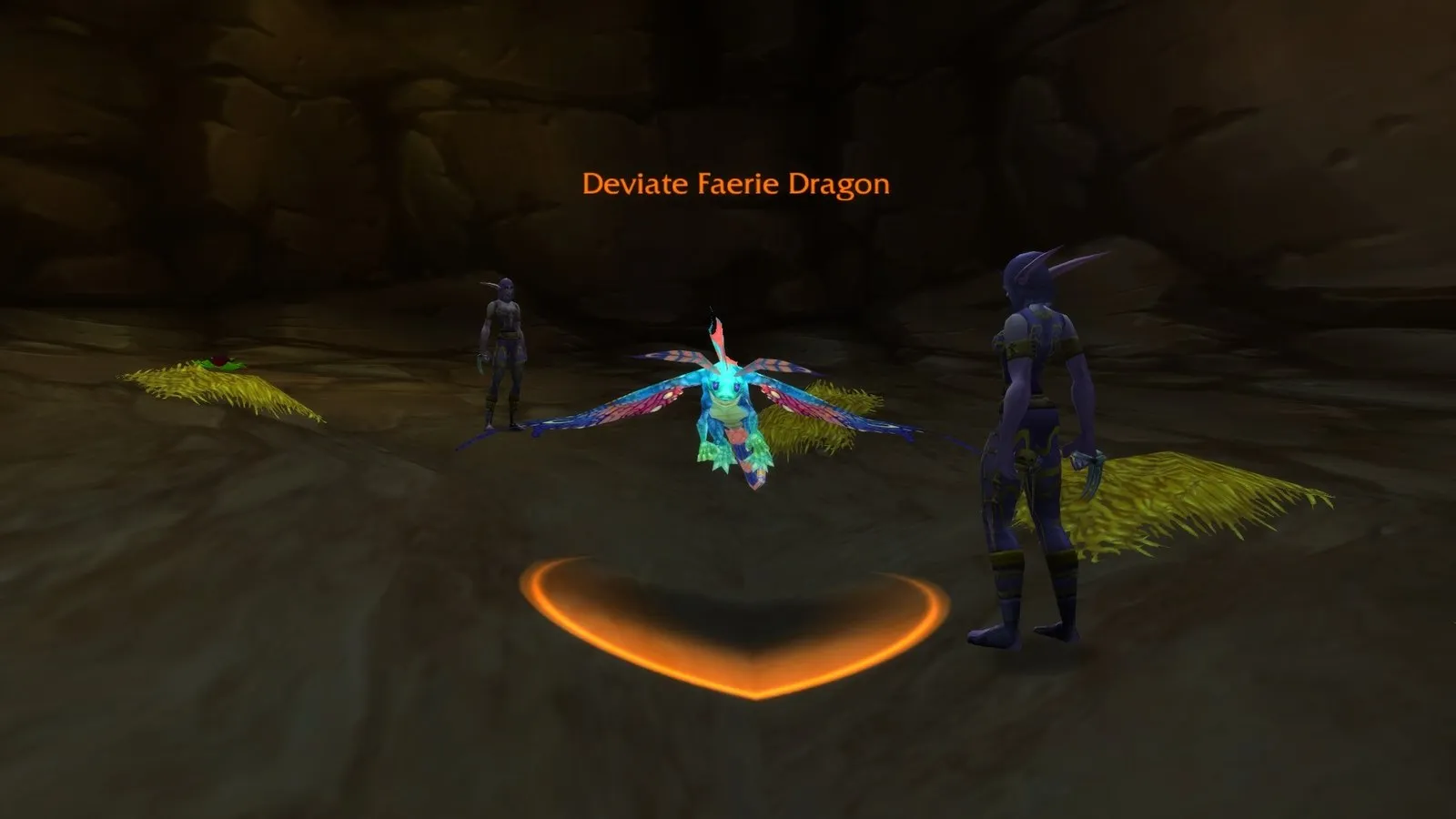 The Deviate Faerie Dragon between two Druids of the Fang in Wailing Caverns, a screenshot from World of Warcraft