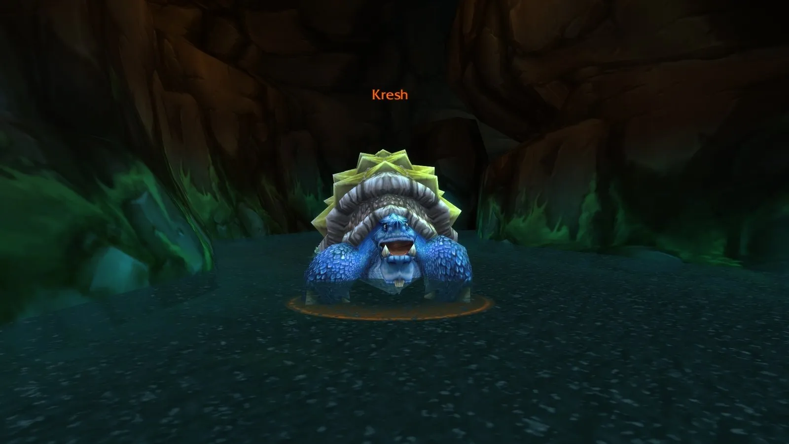 Kresh, a giant blue turtle, in the water of Wailing Caverns, a screenshot from World of Warcraft