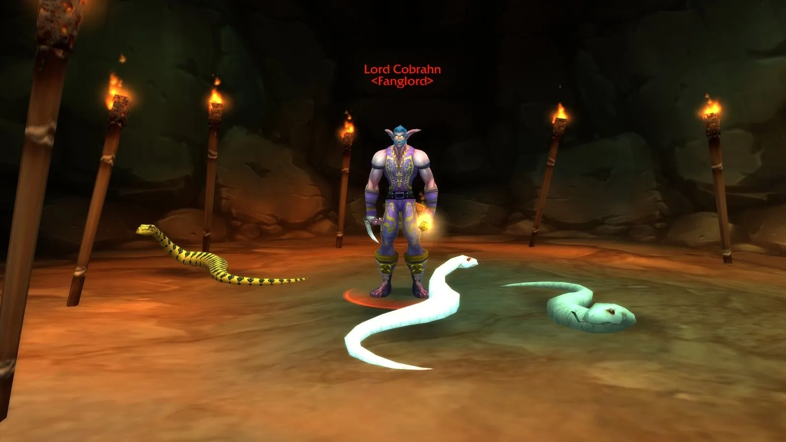 Lord Cobrahn with three pythons in Wailing Caverns, a screenshot from World of Warcraft