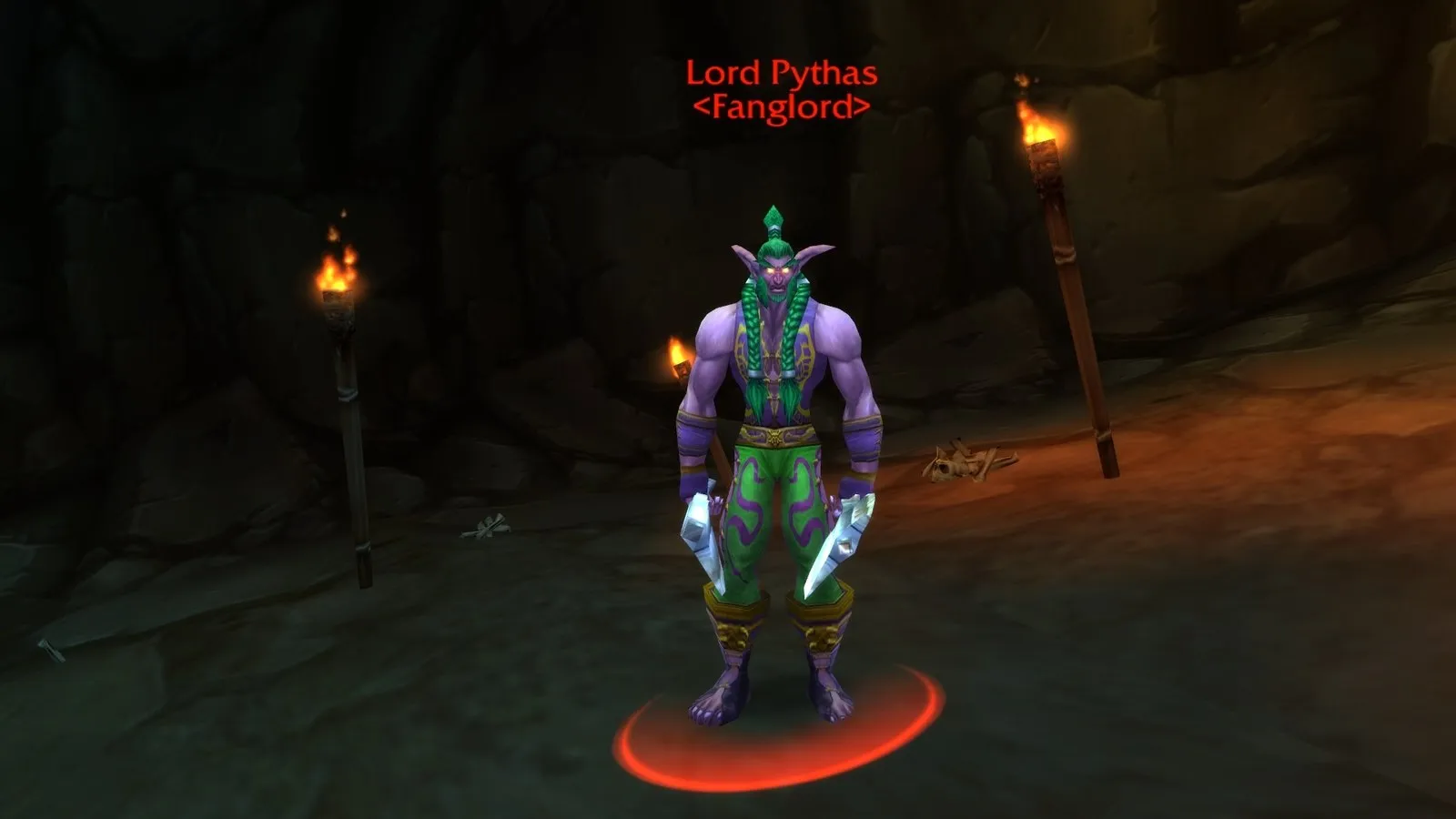 Lord Pythas between torches in Wailing Caverns, a screenshot from World of Warcraft