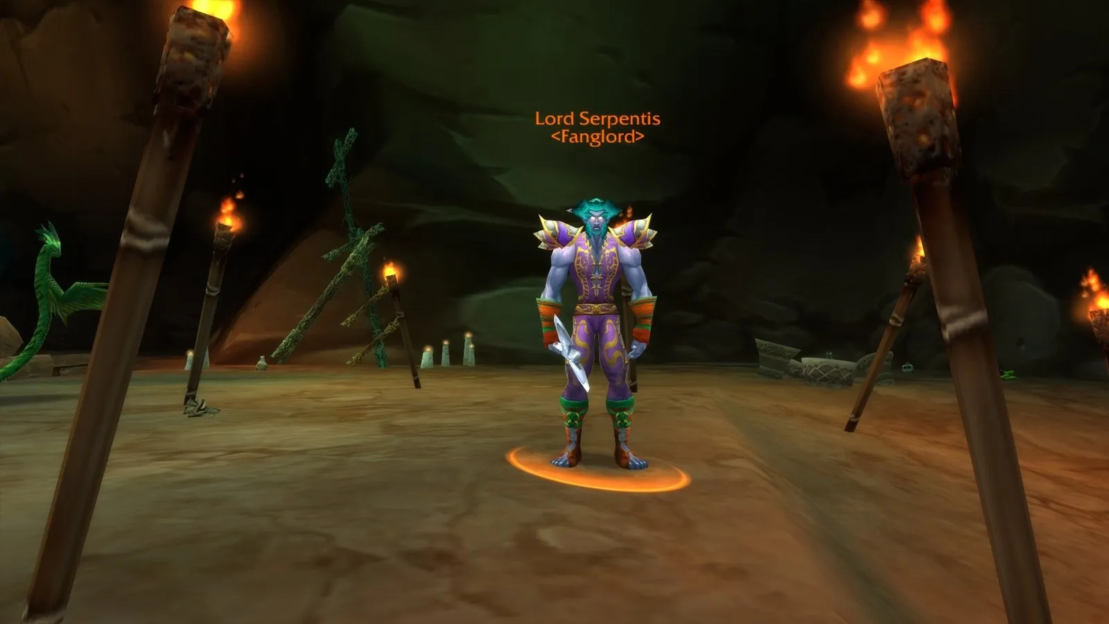 Lord Serpentis between torches in Wailing Caverns, a screenshot from World of Warcraft