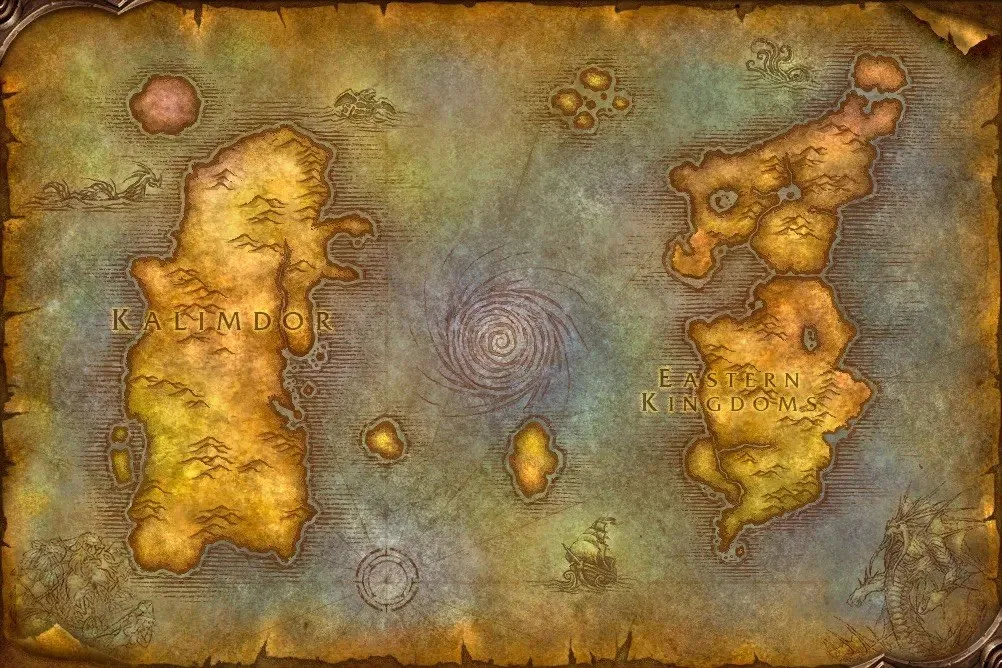 The world map of Azeroth with Kalimdor and the Eastern Kingdoms on old parchment, a screenshot from World of Warcraft