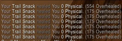 The combat log with six lines in which Trail Snack heals for 175 per tick, a screenshot from the beta of World of Warcraft: Forever