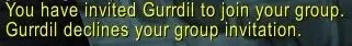 Un message de discussion où un joueur refuse une invitation de groupe, une capture d’écran de World of Warcraft