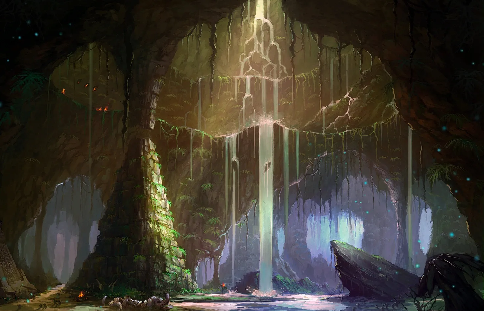 Concept art de Wailing Caverns : une cascade dans une grotte verte avec des ruines et de vieux piliers, une image officielle de World of Warcraft