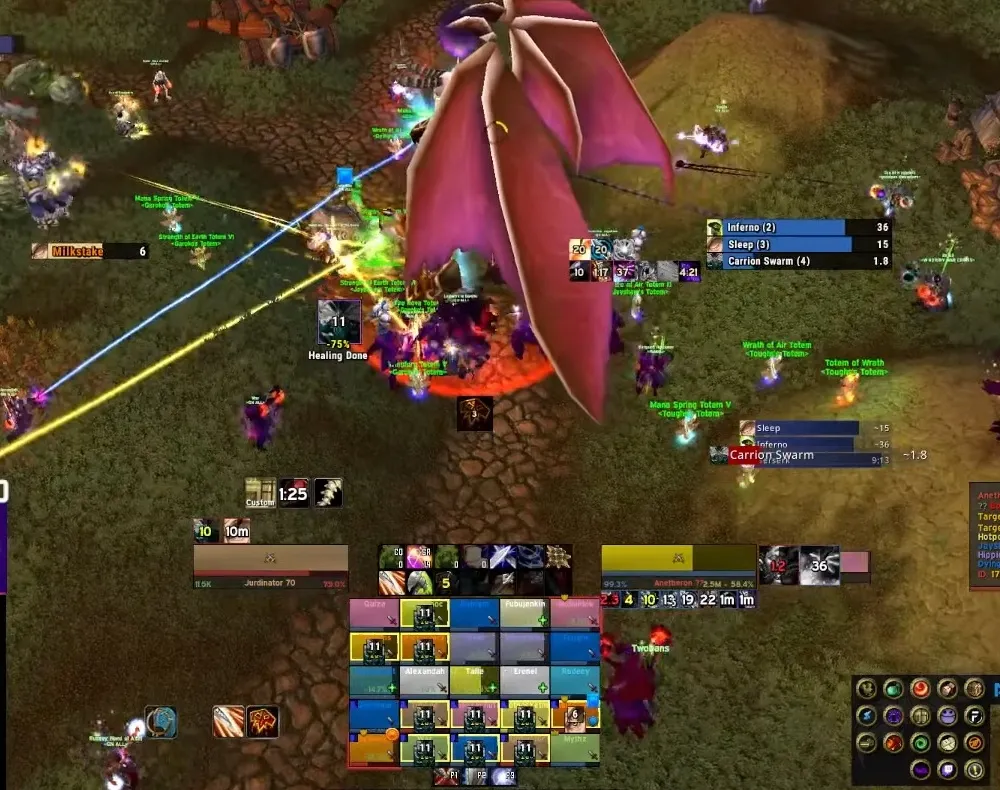 Ein großer Raid kämpft gegen einen roten Drachen, umgeben von den Namen dutzender Totems von Shamans, ein Screenshot aus einem Raid in TBC