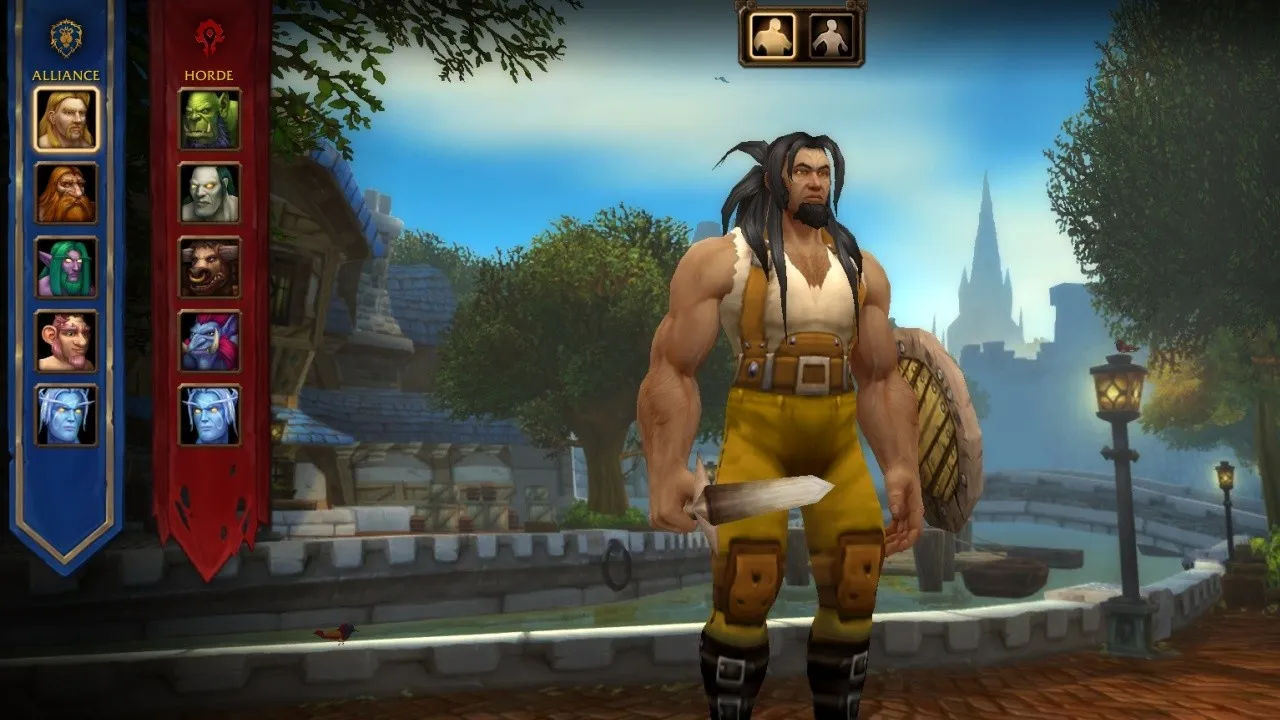 La pantalla de creación con los retratos modernos de las razas y un Human Warrior con el modelo de alta definición, una captura de pantalla de la beta de World of Warcraft: Forever