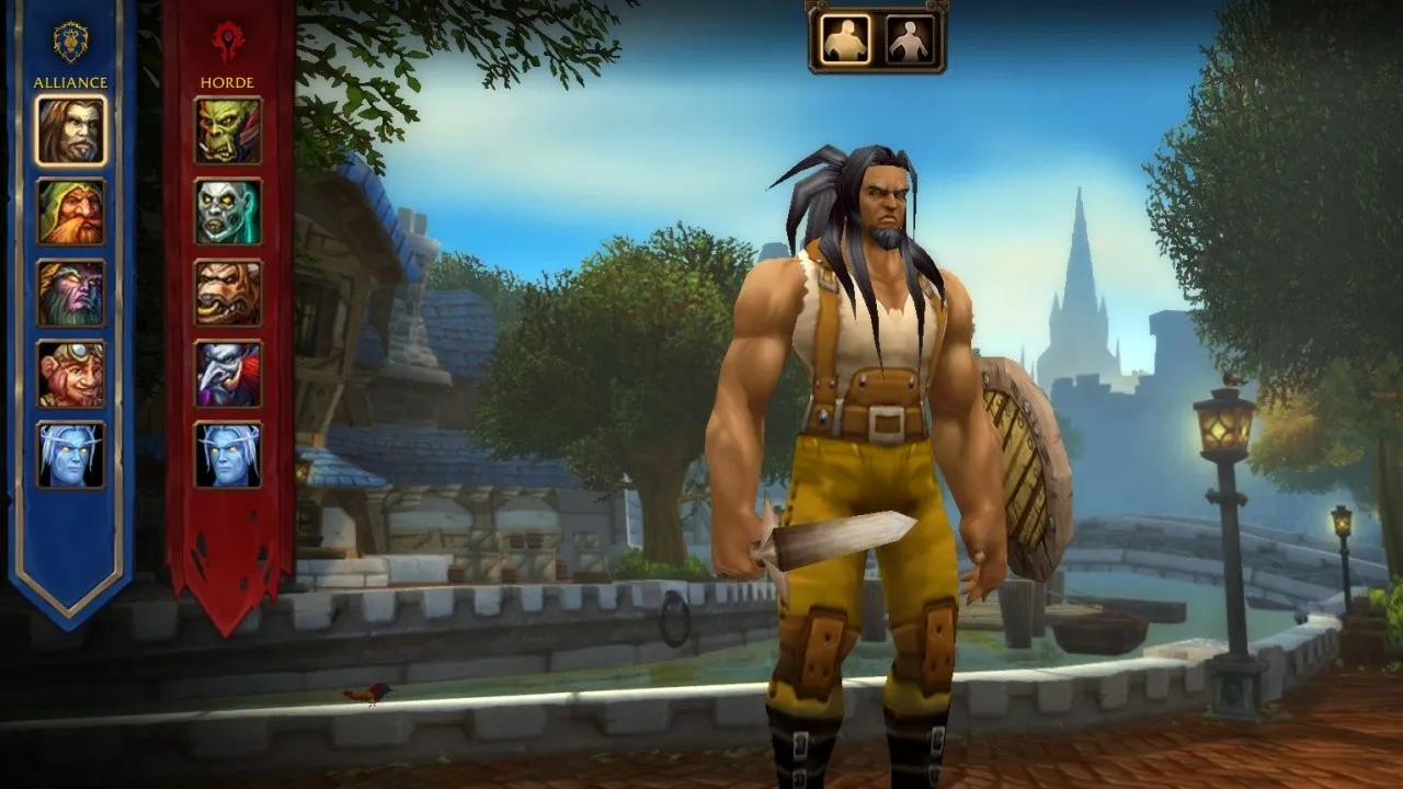 La misma pantalla con los retratos antiguos de las razas y el Human Warrior con el modelo original, una captura de pantalla de la beta de World of Warcraft: Forever