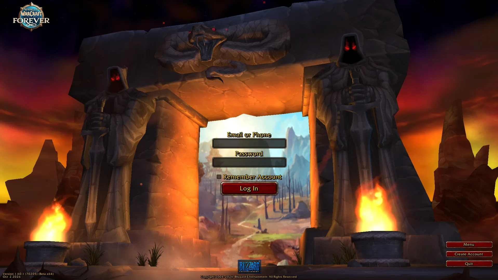 La pantalla de inicio de sesión con el Dark Portal, dos estatuas encapuchadas y dos fuegos, una captura de pantalla de la beta de World of Warcraft: Forever