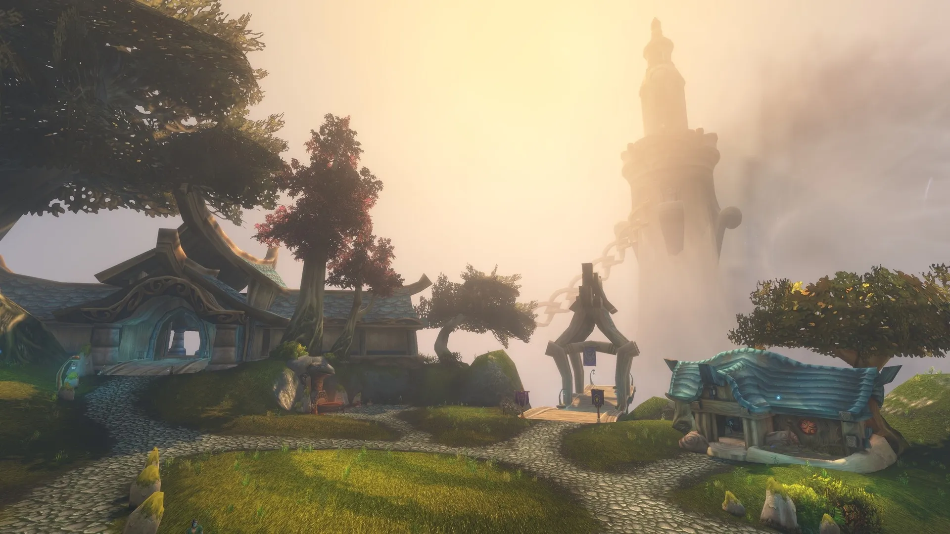 Casas con tejados azules curvados junto a un camino empedrado y una alta torre blanca entre la niebla, una imagen de World of Warcraft: Forever