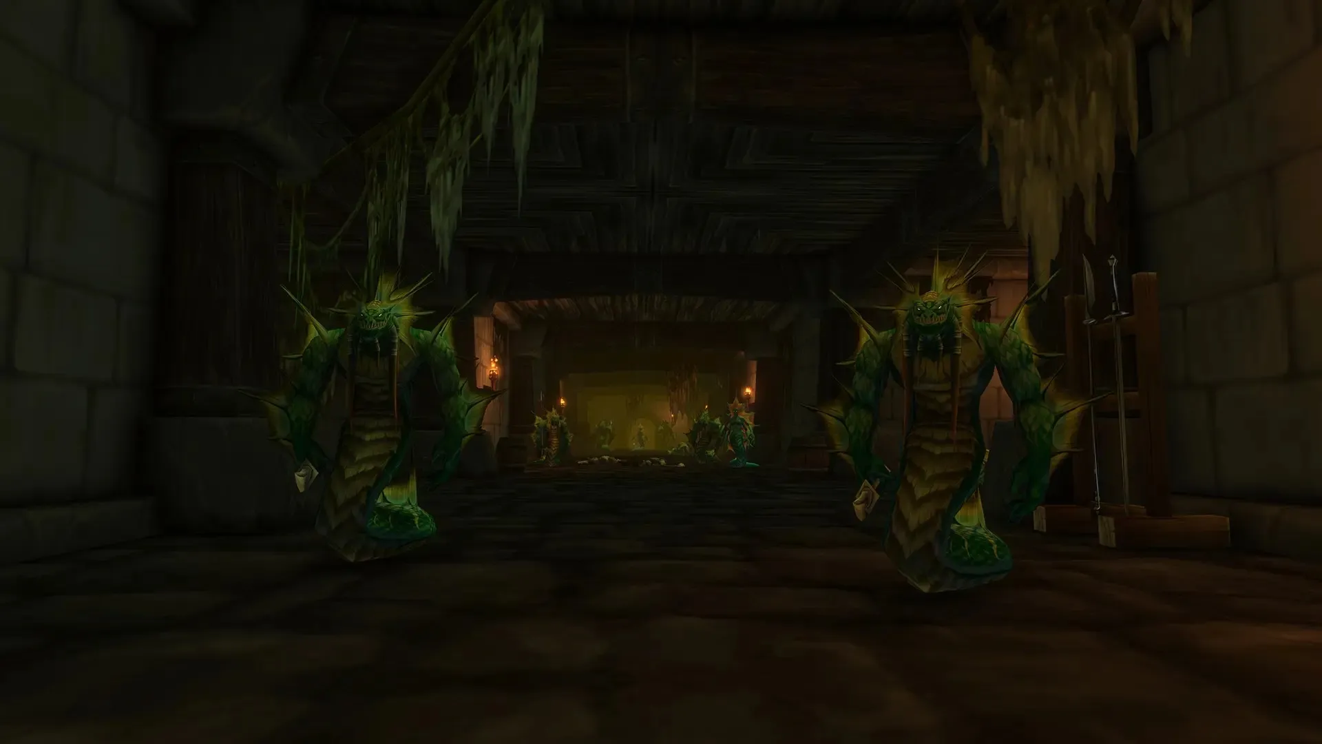 Two naga in a dark stone corridor, a screenshot from the beta of World of Warcraft: Forever