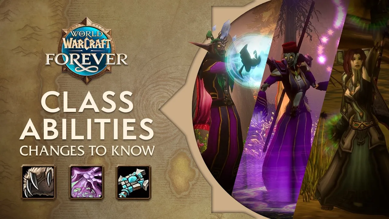 La tarjeta de título del vídeo Class Highlights: un Druid Night Elf, un Warlock Undead y una Priest Human con túnicas junto al logotipo de World of Warcraft: Forever y las palabras Class Abilities, Changes to Know