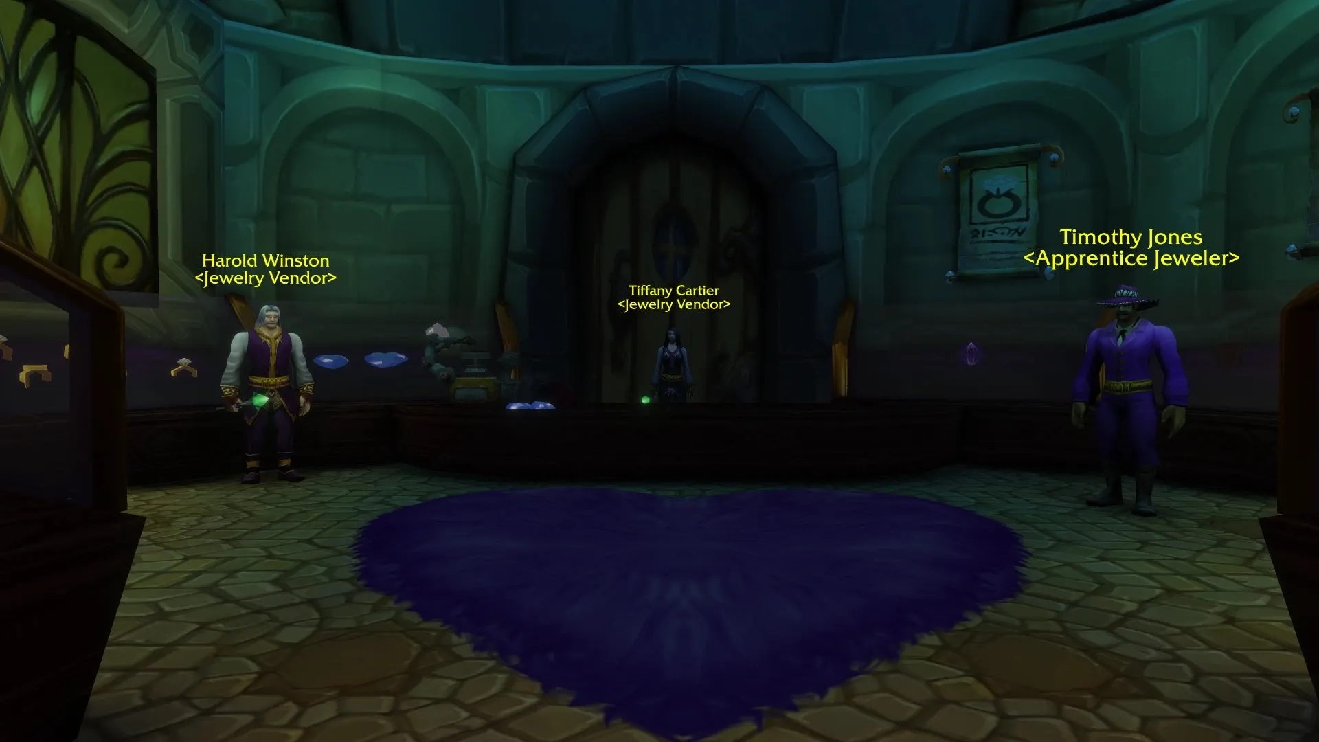 A jewelry shop in Dalaran with Harold Winston and Tiffany Cartier, Jewelry Vendors, and Timothy Jones, Apprentice Jeweler, around a heart-shaped rug, a screenshot from the beta of World of Warcraft: Forever