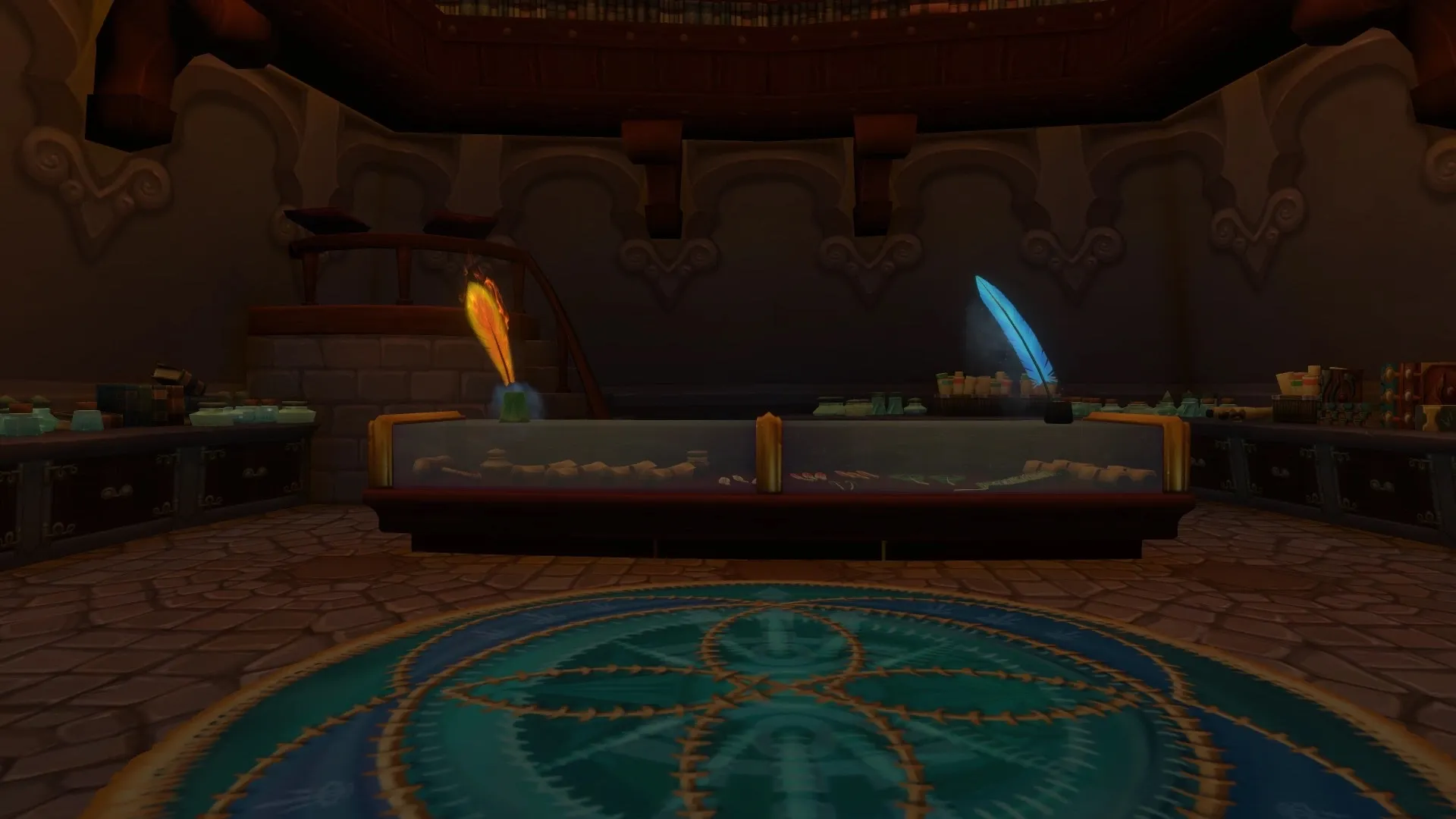 The empty counter of The Scribes’ Sacellum, with a red and a blue quill, a screenshot from the beta of World of Warcraft: Forever