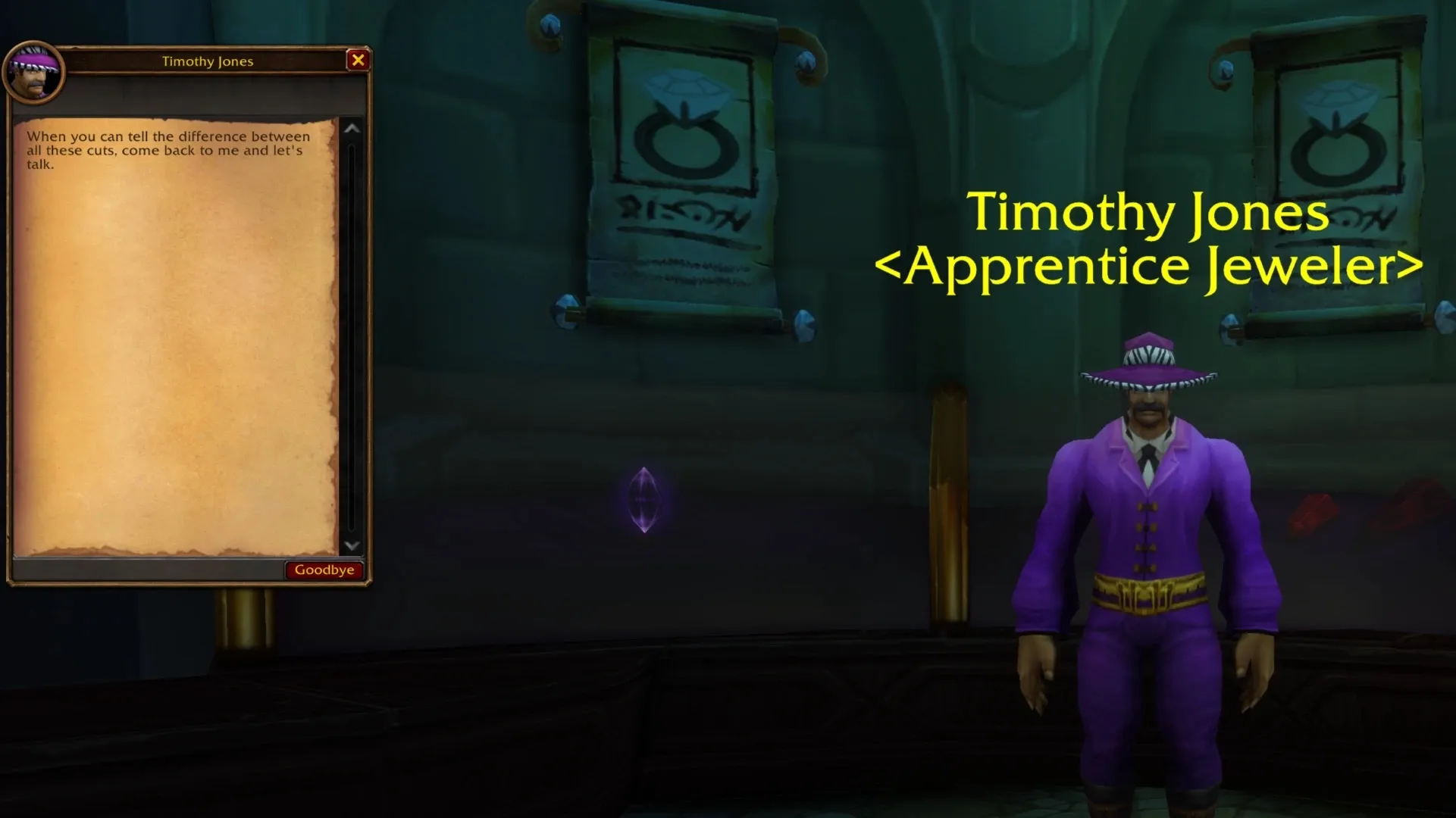 The dialog window of Timothy Jones beside the jeweler, a screenshot from the beta of World of Warcraft: Forever