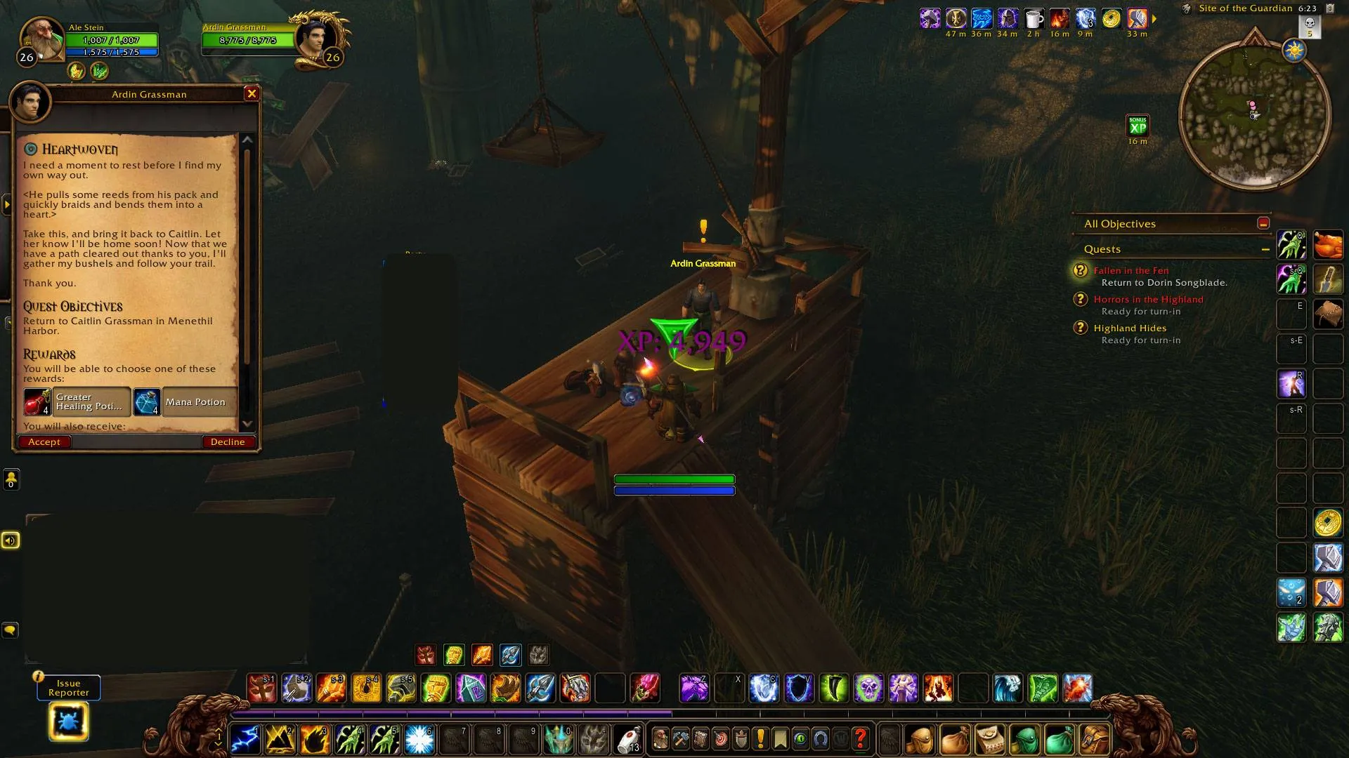 Ardin on a wooden structure near the Site of the Guardian, with the quest window of Heartwoven open, a screenshot from the beta of World of Warcraft: Forever
