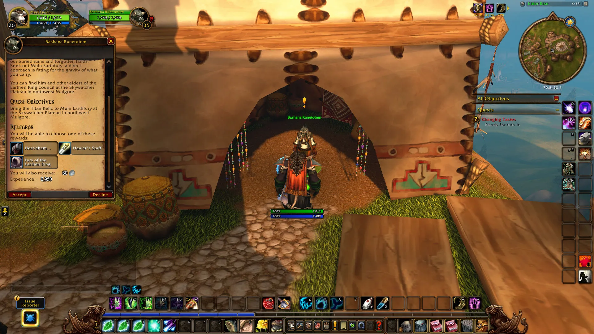 Bashana Runetotem in her tent on the Elder Rise of Thunder Bluff, a screenshot from the beta of World of Warcraft: Forever