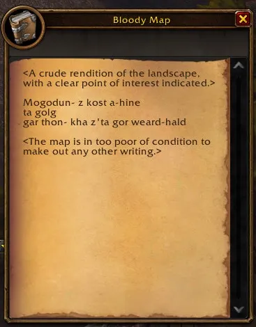 The text of the Bloody Map, a crude rendition of the landscape with Dwarvish words, a screenshot from the beta of World of Warcraft: Forever